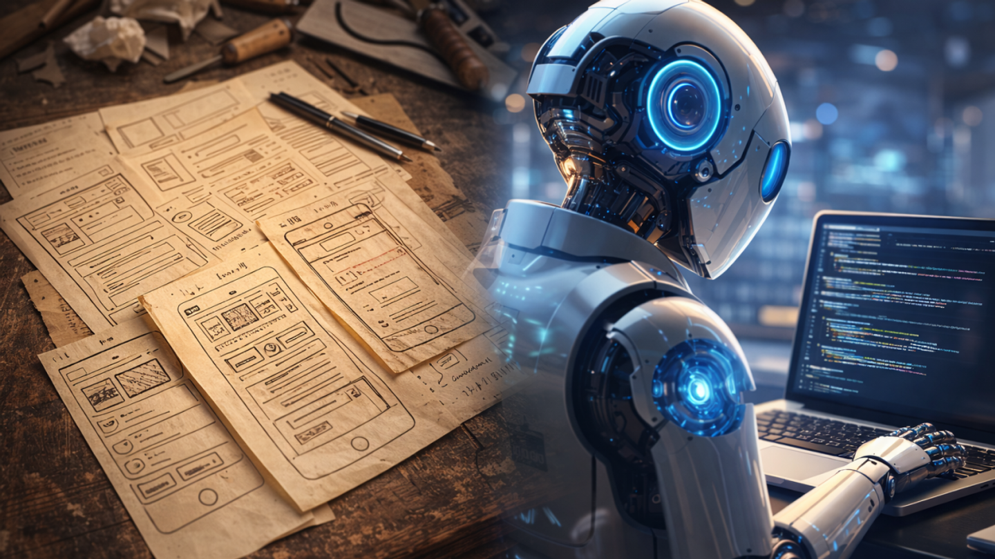 A conceptual image representing the transition from human design to AI execution. The left side features traditional paper sketches and wireframes of a user interface on a rustic wooden table. The right side depicts a sleek, white humanoid robot with glowing blue accents working on a laptop, with lines of code visible on the screen.