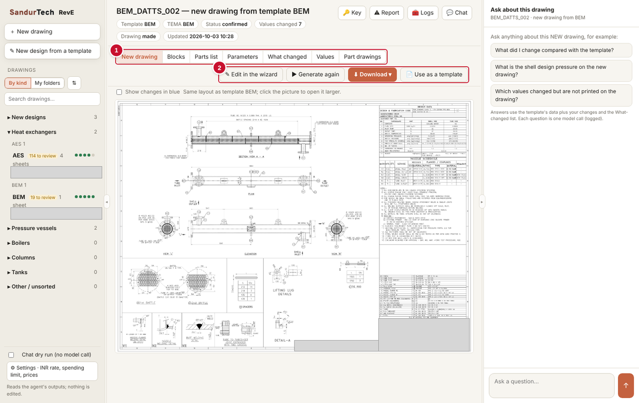 A new drawing made from a template, with its own Blocks, Parts list and Parameters tabs, derived at zero AI cost. The title block is covered.