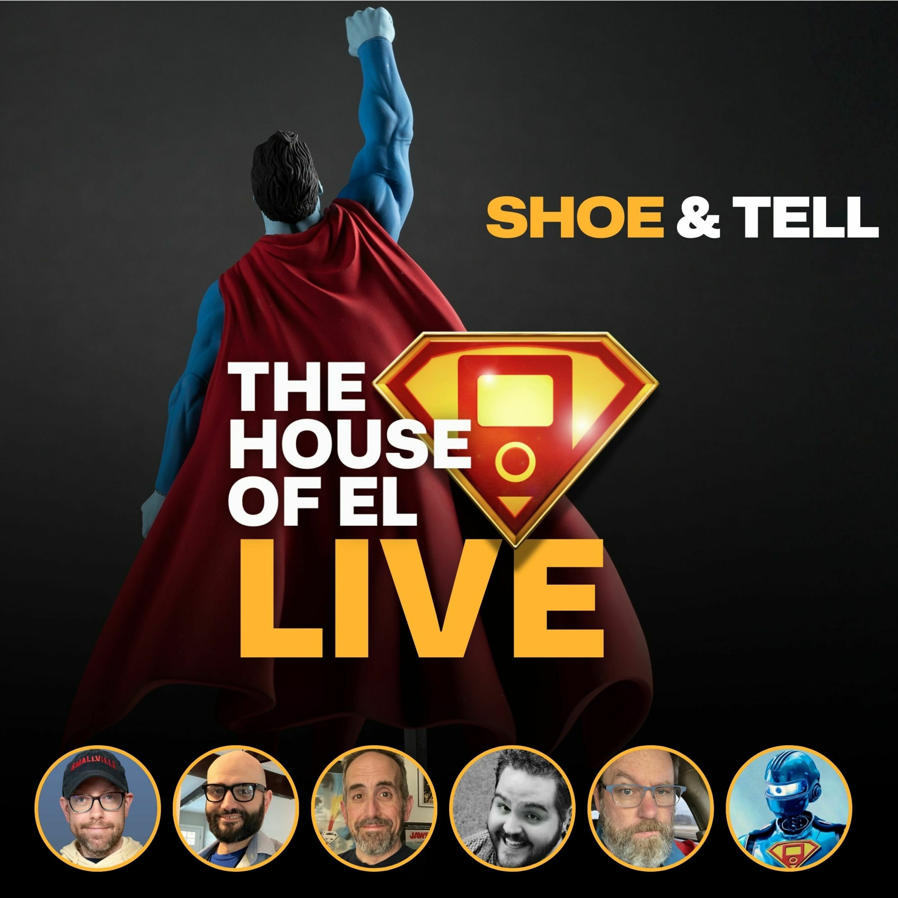 Album art featuring a Superman toy, the logo for the show’s live show, and PFPs of the hosts