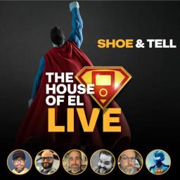 Album art featuring a Superman toy, the logo for the show’s live show, and PFPs of the hosts