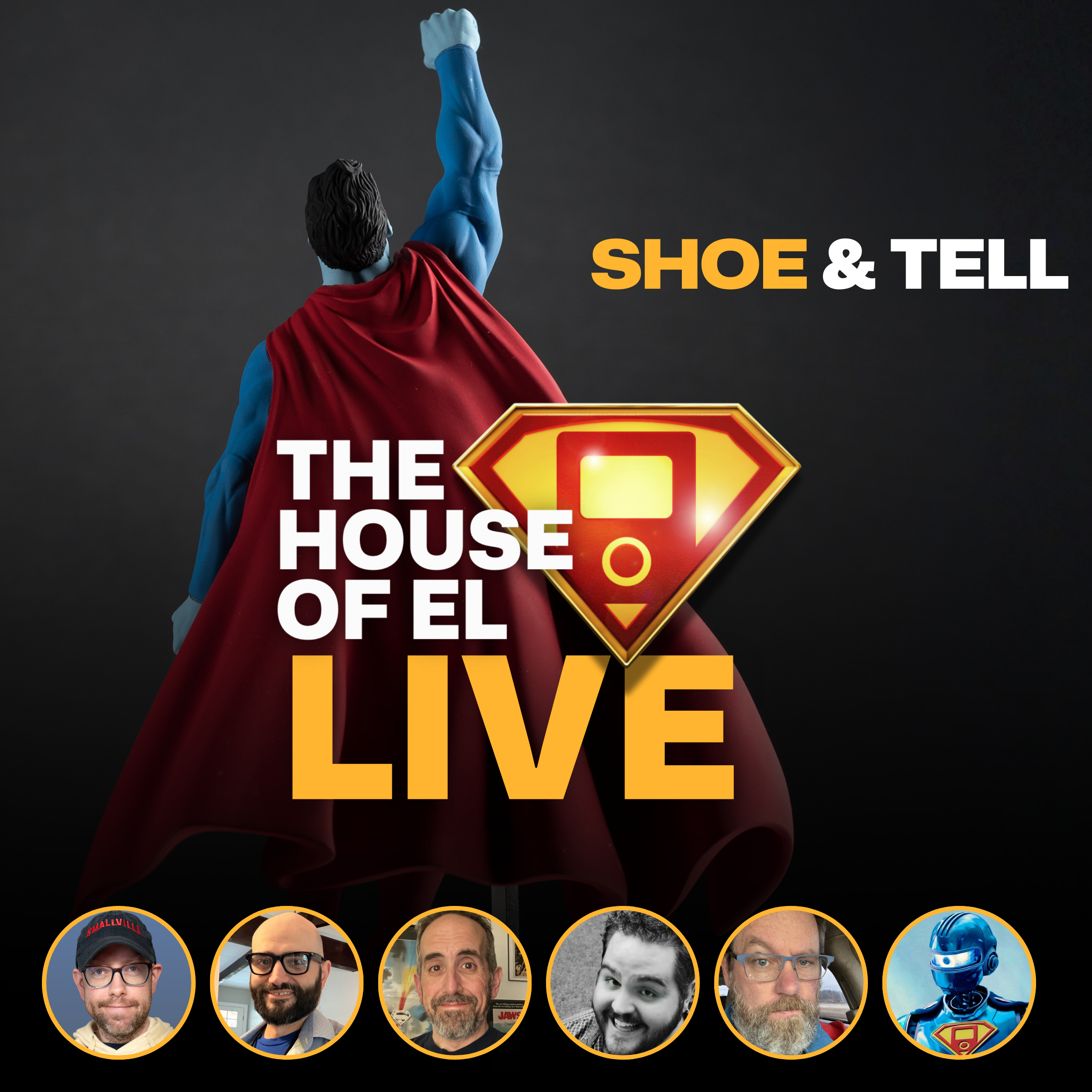 Album art featuring a Superman toy, the logo for the show’s live show, and PFPs of the hosts