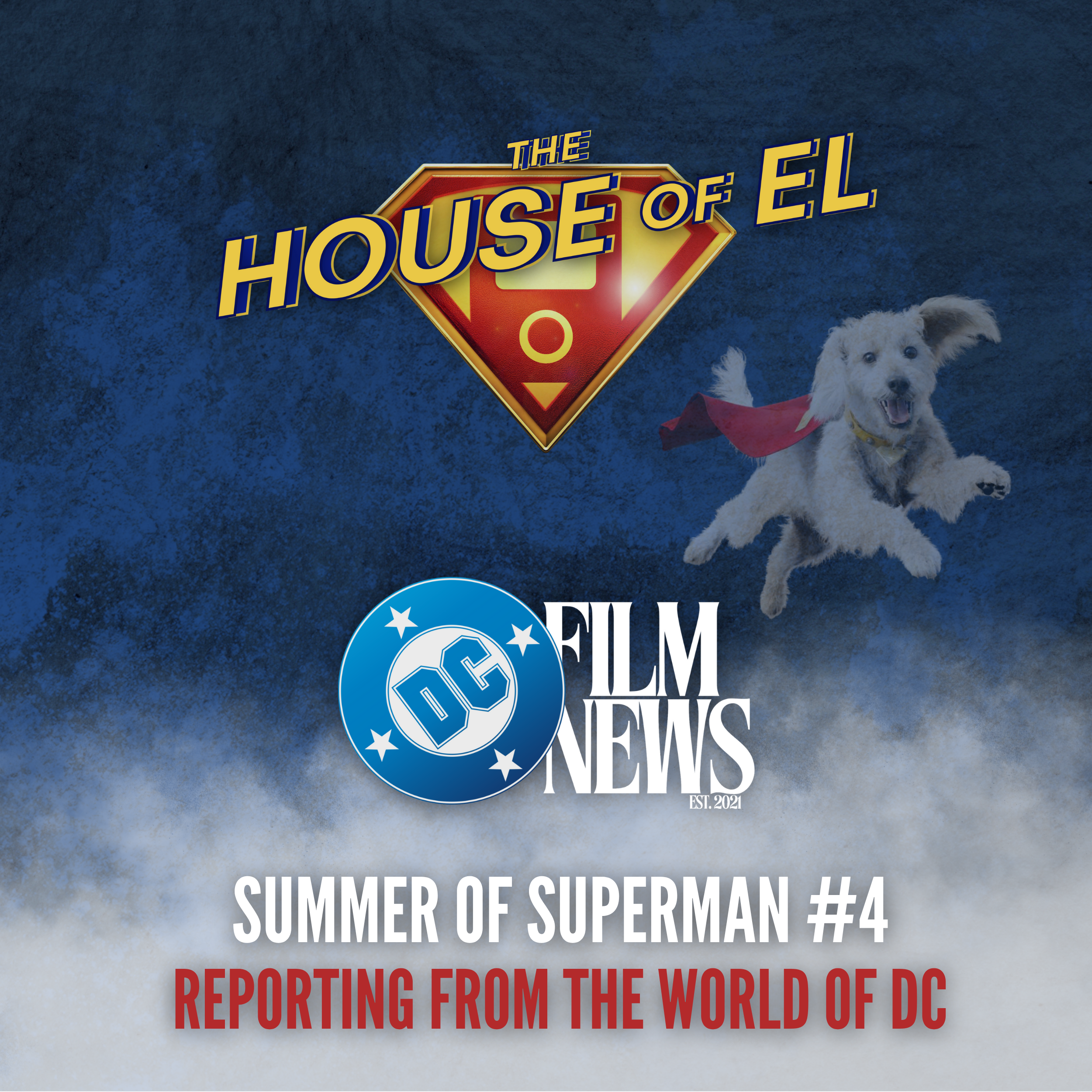 A white dog with a cape is flying next to logos for the two journalists. 