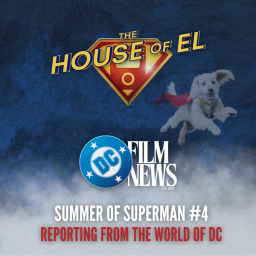 A white dog with a cape is flying next to logos for the two journalists.