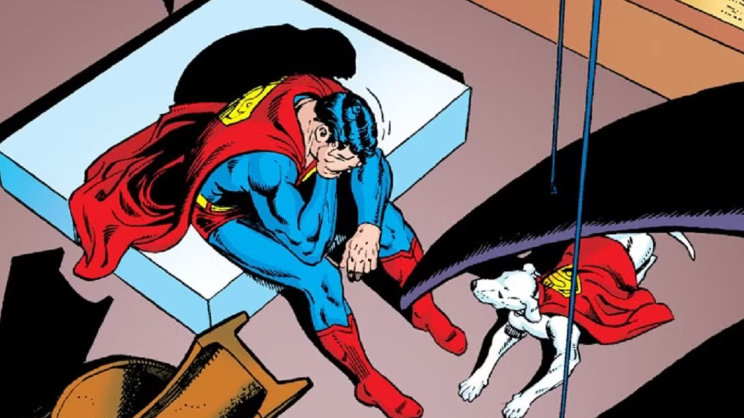 Superman is depressed as Krypto looks on concerned.