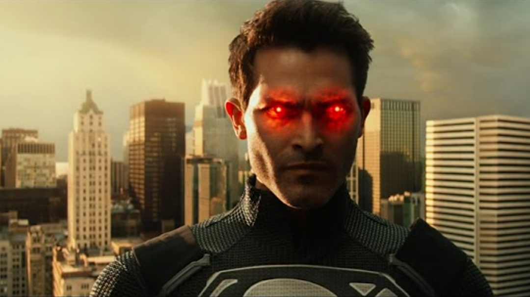 An evil Superman with his eyes glowing.