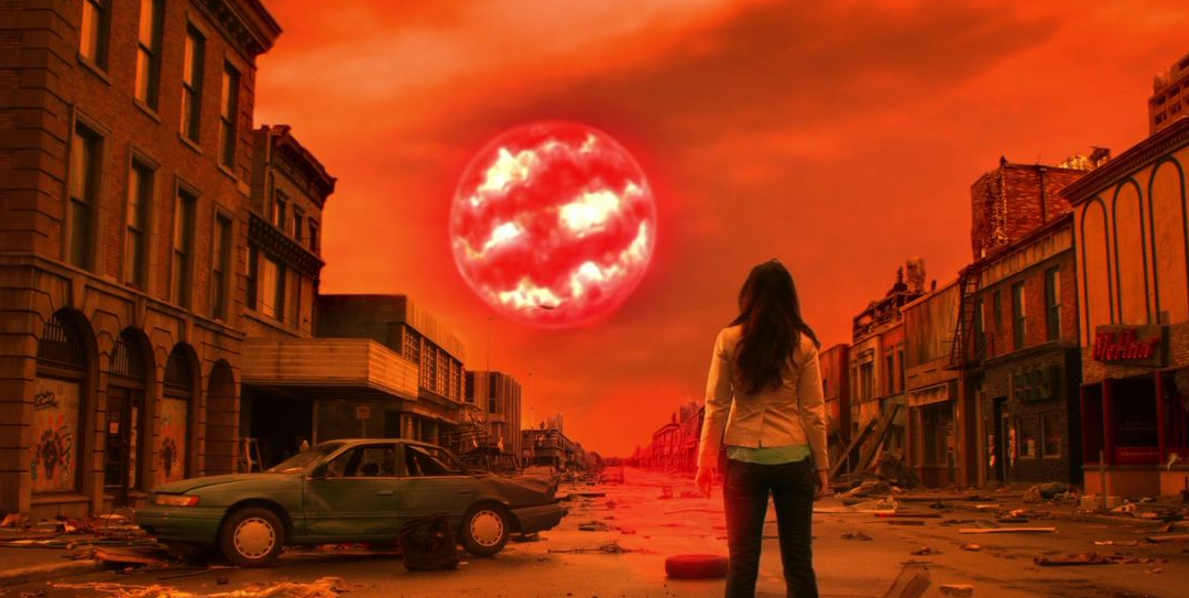 Lois looking at the red skies.