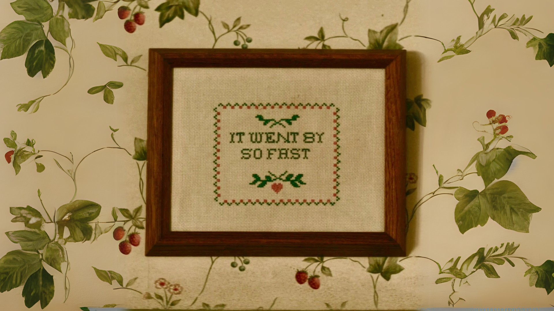 a framed cross stitch that says it went by so fast
