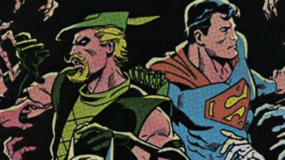 Comic art of Superman and Green Arrow.