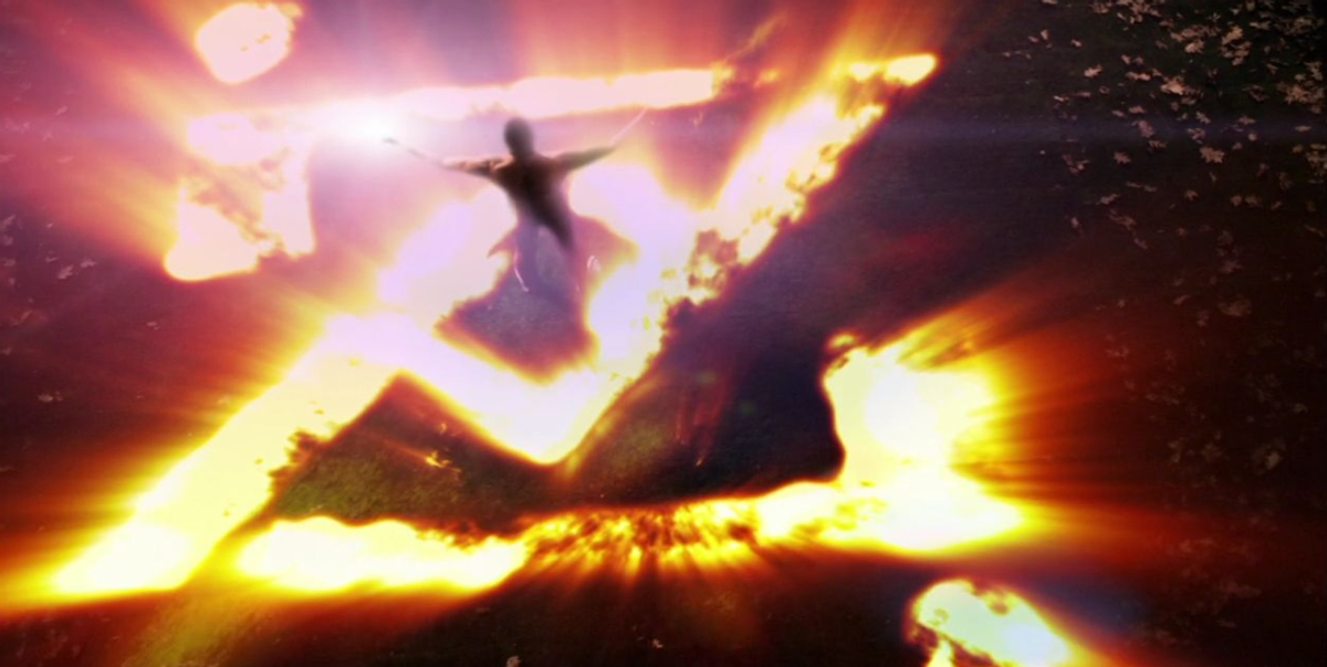 The Zod symbol burnt into the ground, with his clone in the center.