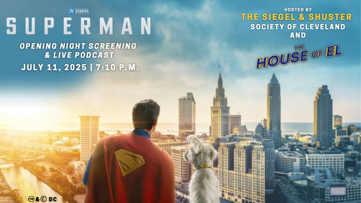 A man in a cape and a white dog are looking over the city of Cleveland. The date and time for an opening night screening and live podcast are in the upper left hand corner.