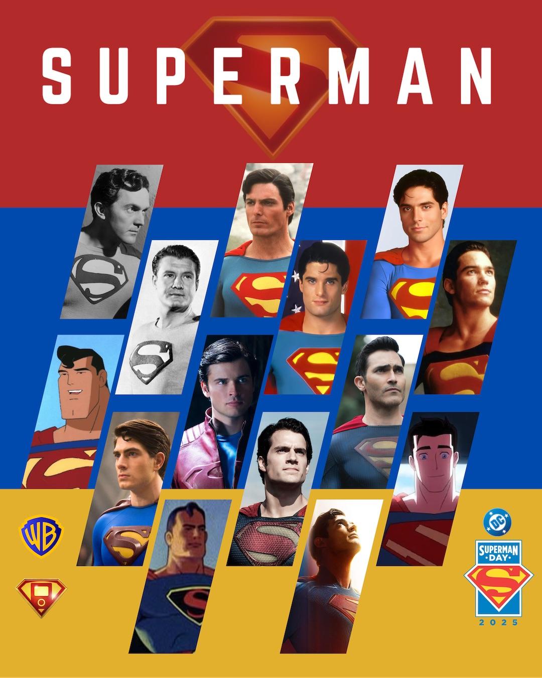 a collage of different Superman actors and representations from the last 90 years