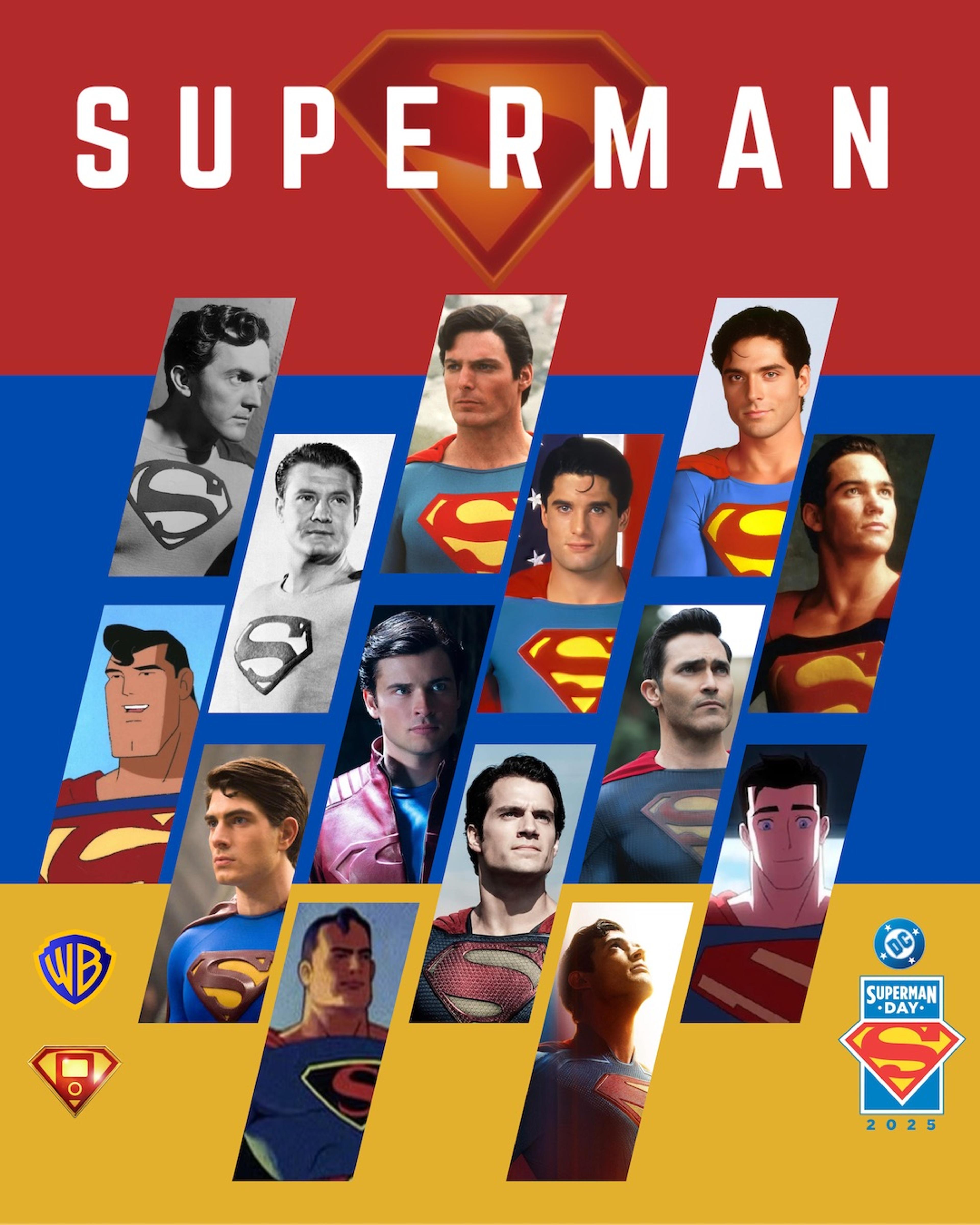 a collage of different Superman actors and representations from the last 90 years