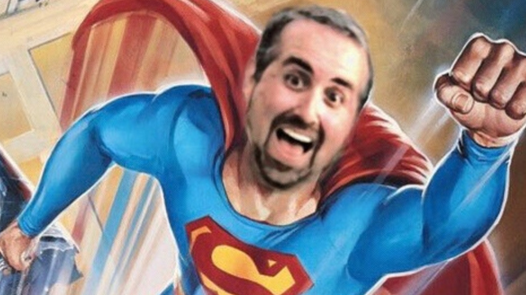 A man with a beard has comedically been edited onto the Superman IV poster.