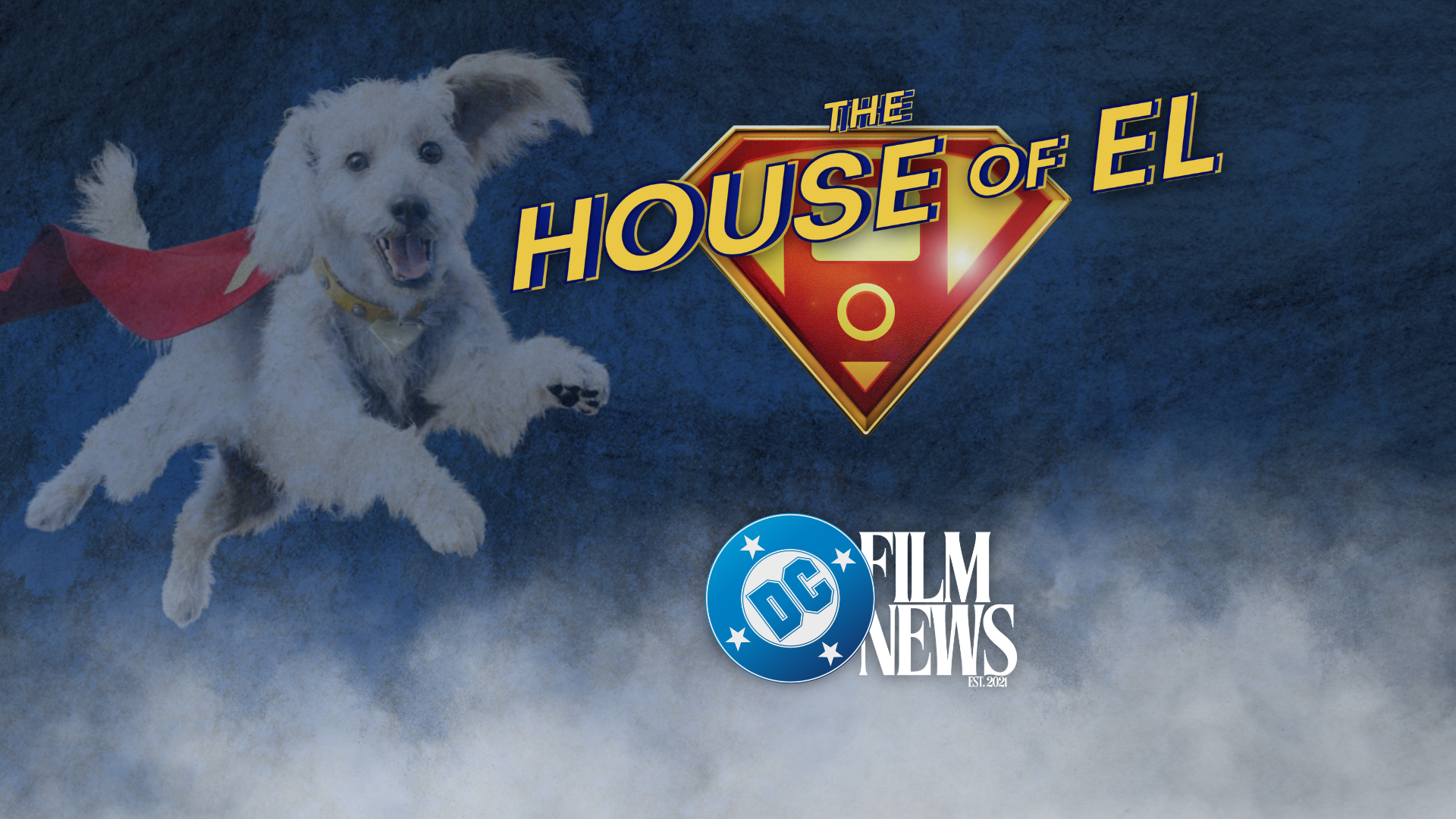 A white dog with a cape is flying next to logos for the two journalists.