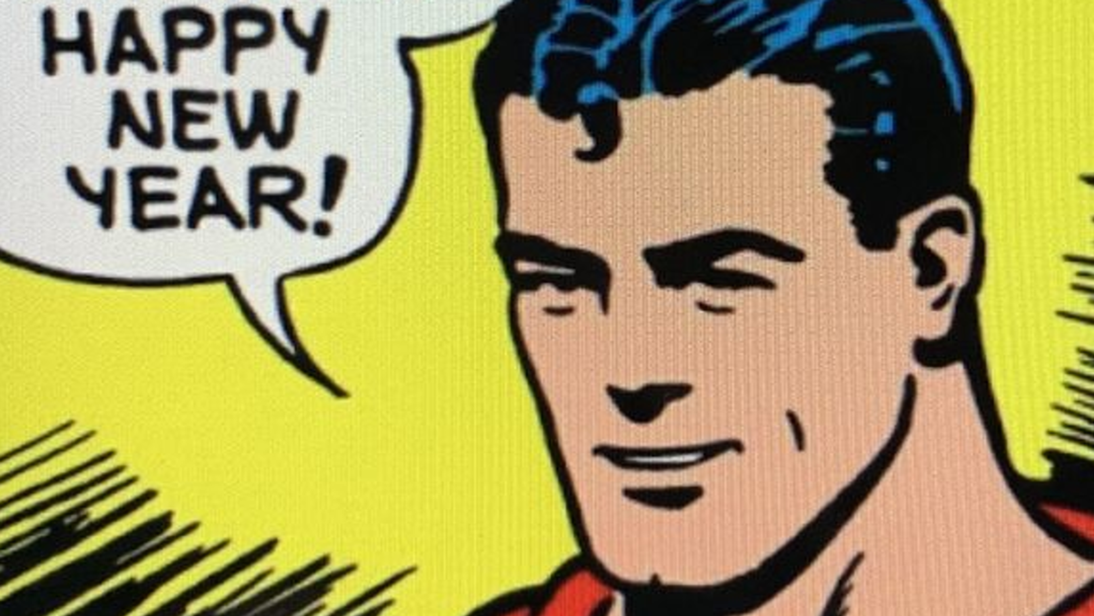 A comic panel of Superman saying Happy New Year.
