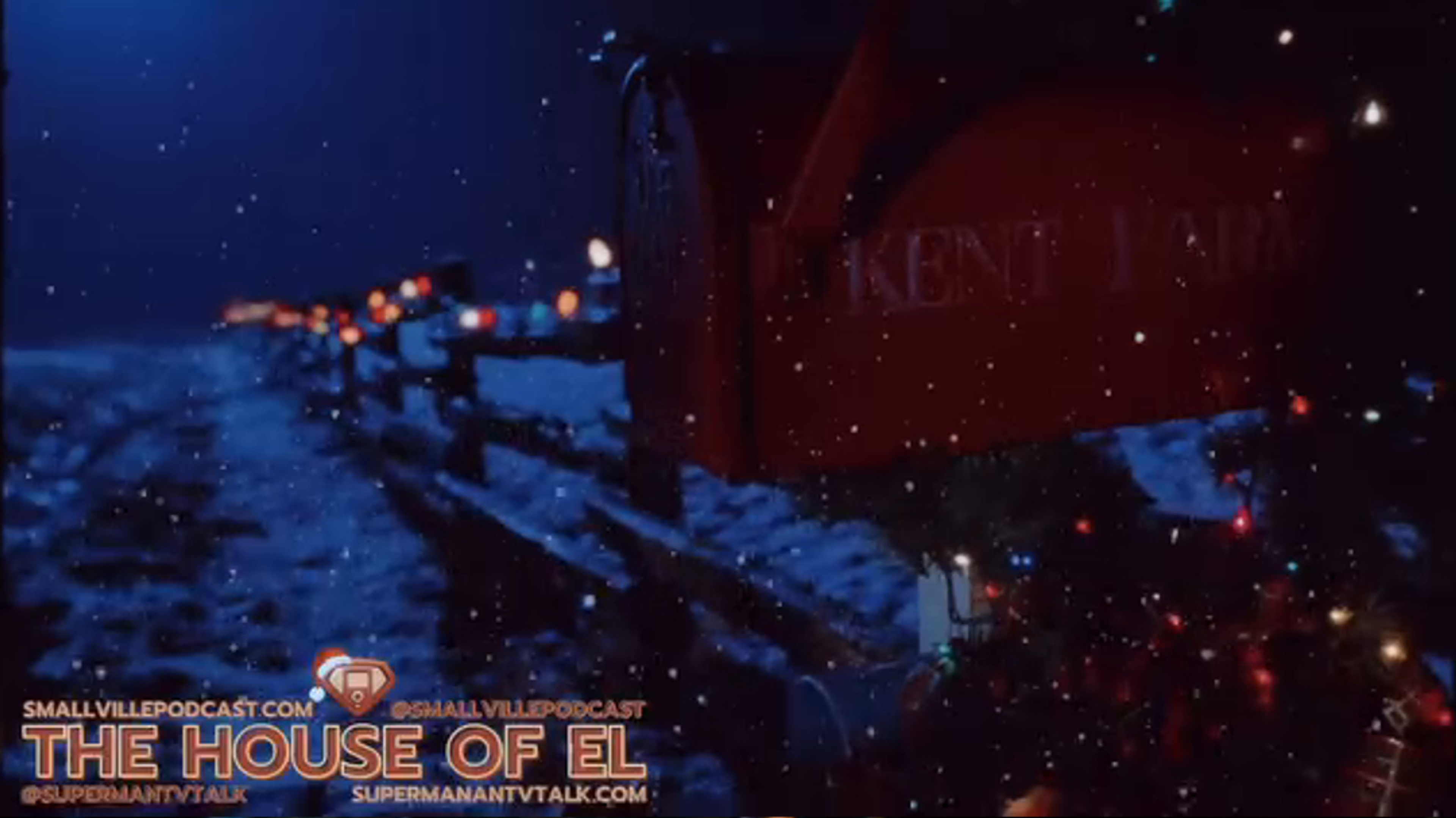 a mock christmas card featuring the kent farm at christmas, and a version of the house of el logo wearing a santa hat.