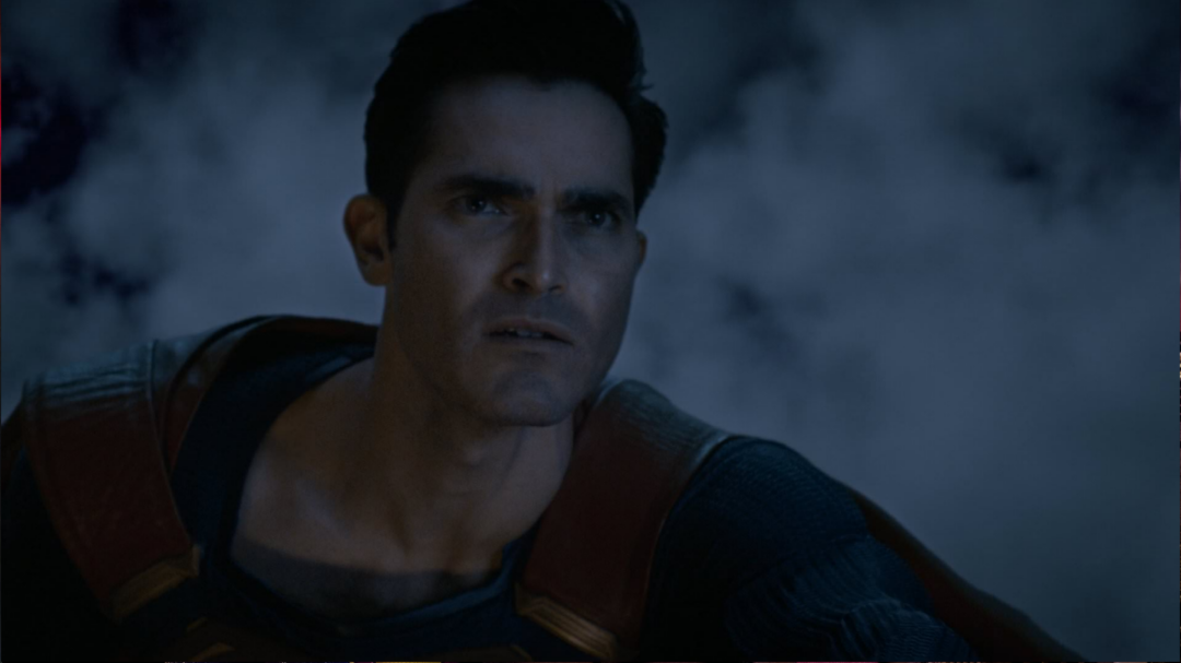 Superman flying at night, with a confused expression.