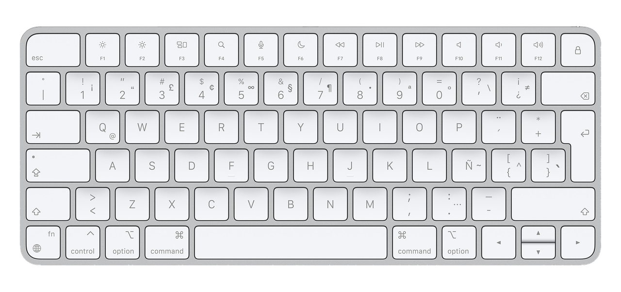 Apple keyboard with a Latin American Spanish layout, including Ñ to the right of L, an inverted question mark on the number row, and a dedicated angle-bracket key beside the left Shift key.