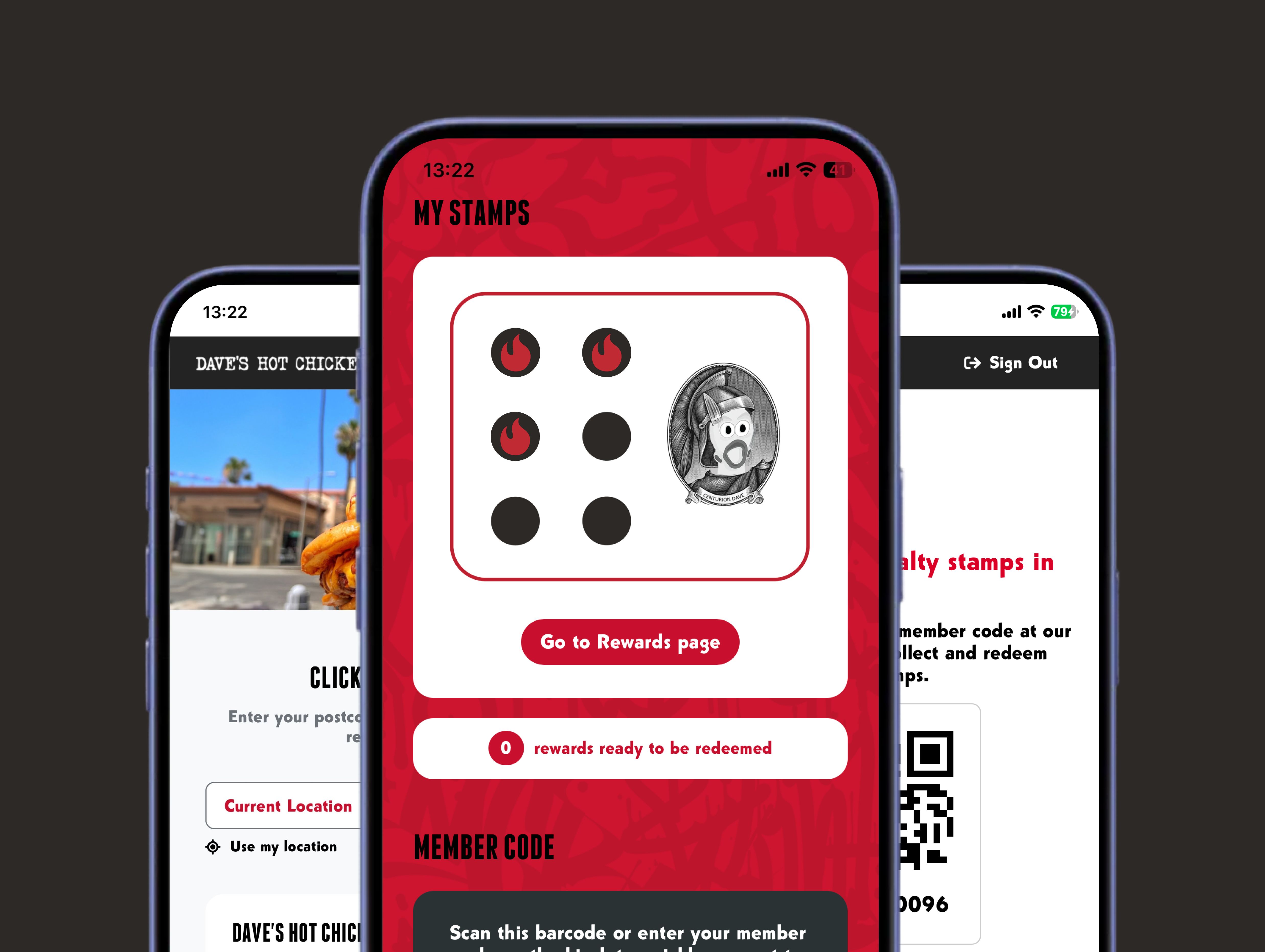 Dave's Hot Chicken app screens showing rewards stamps