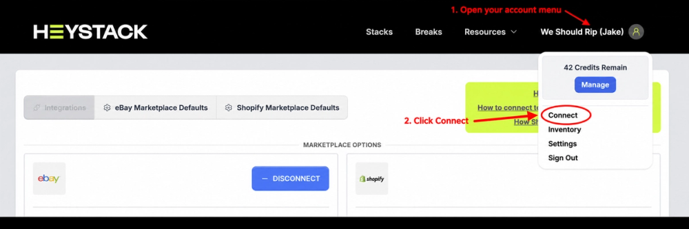 Open your account menu, then select the circled Connect option.