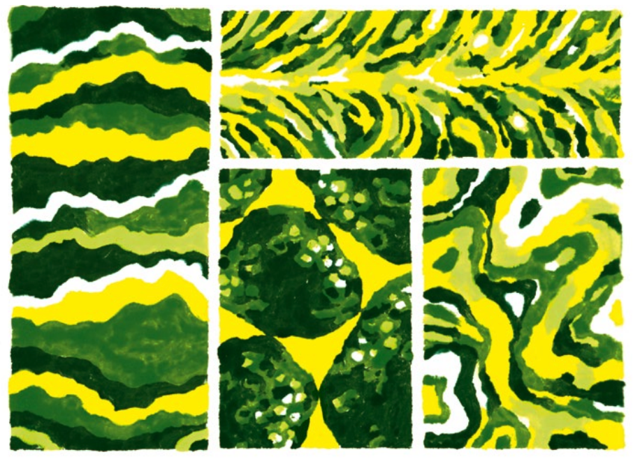 Green and yellow abstract images of plants, oil and coal.