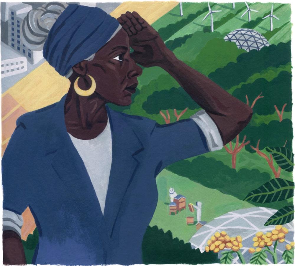 A lady who resembles baroness lola young looking out over a green landscape