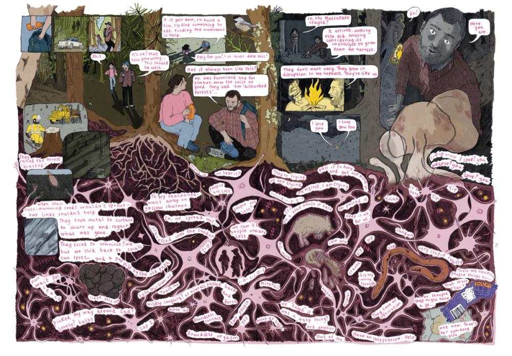 A graphic Novel, with with panels showing a couple moving through a forest, trying to find mushrooms. In the final panel, they discover them. In the panels below, you find the conversations between the various strands of the mycelium itself. These are fragmentary, and describe worms coming through the soil, little phrases that say things like 'love you' and bits of binary.