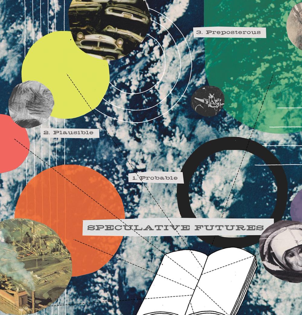 An abstract image of shapes and clouds that contains the words 'speculative futures'