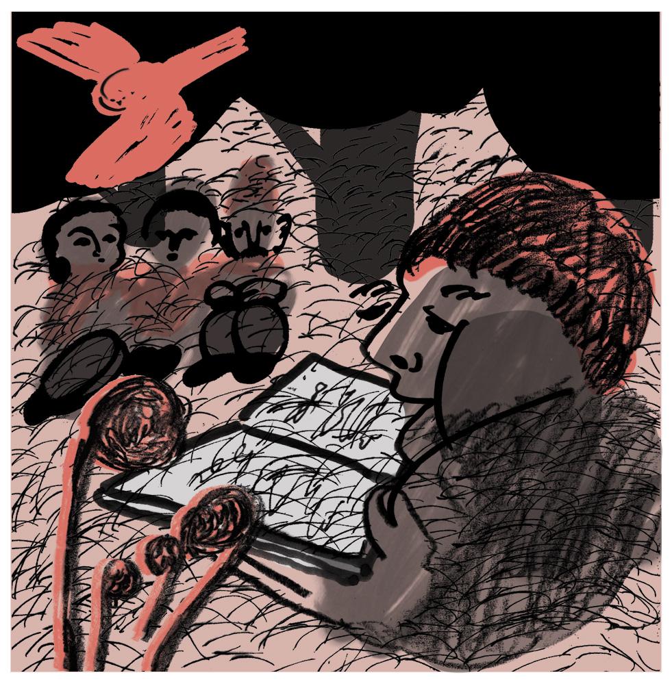 A man sits and reads to a group of students in a forest
