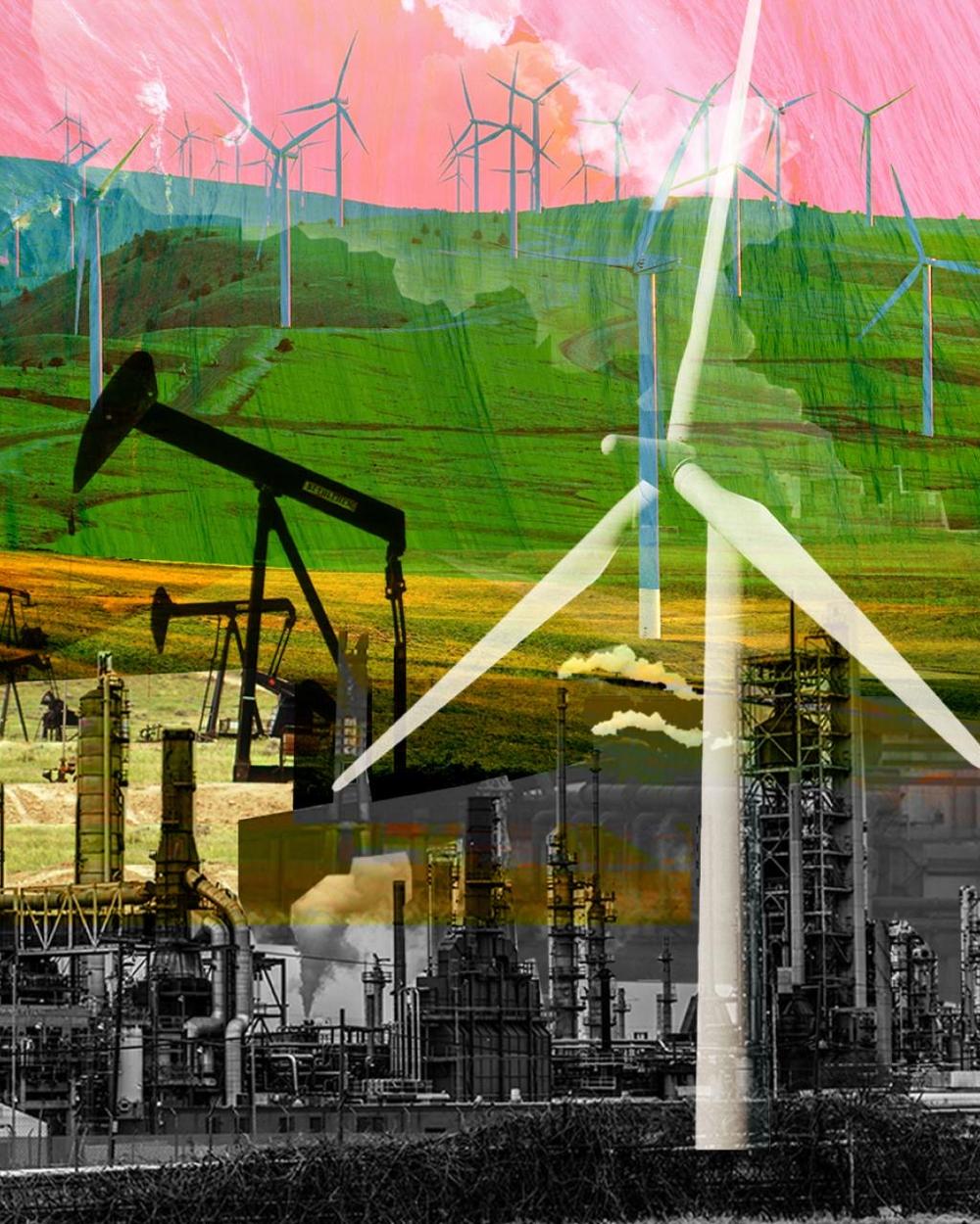 An image of a windmill and an oil well