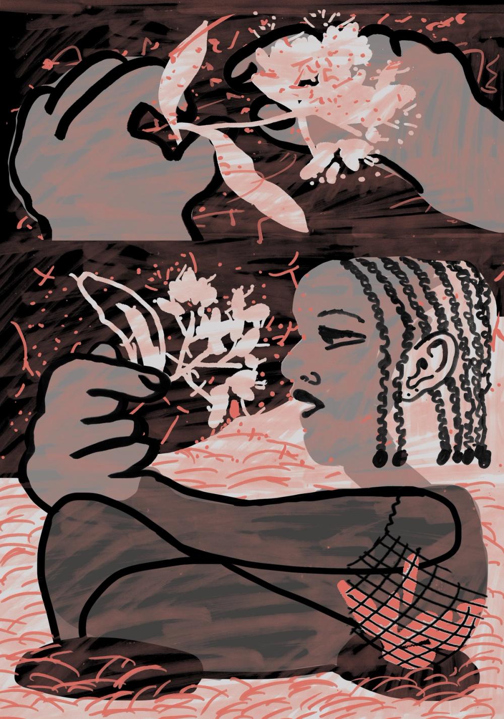 An illustration of a black woman touching a flower and raising it to to her mouth as though to speak to it