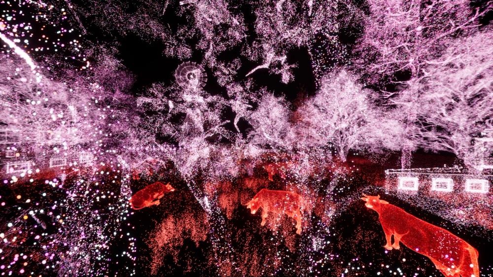 an image of a farm, with trees and cows visible