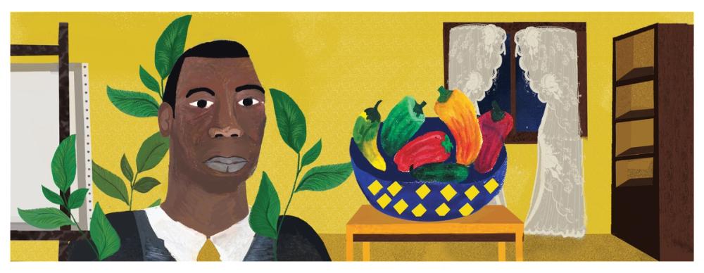 An illustration by Farida Eltigi of a man with a bowl of fruit and vegetables behind him