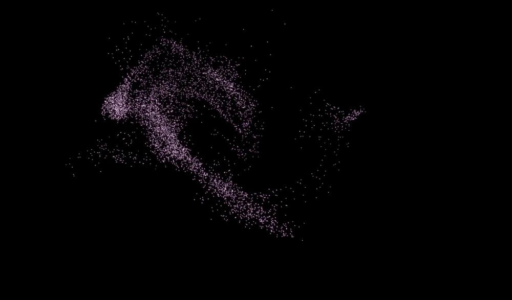 a scattered murmuration arcing across the sky