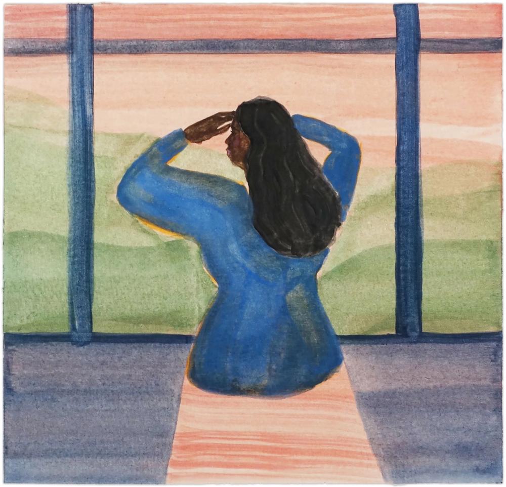 Illustration of someone looking out of the window