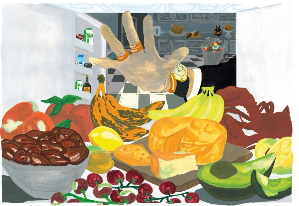 Illustration of a hand grabbing fresh food from inside a fridge