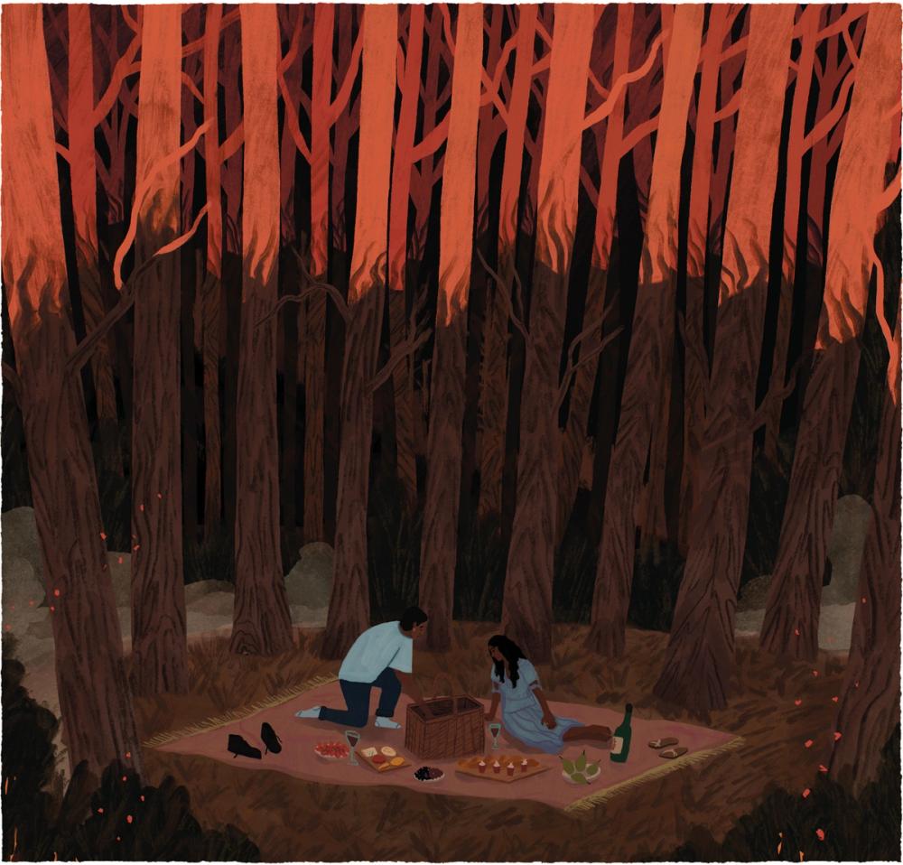 Illustration of people having a picnic surrounding by wildfire