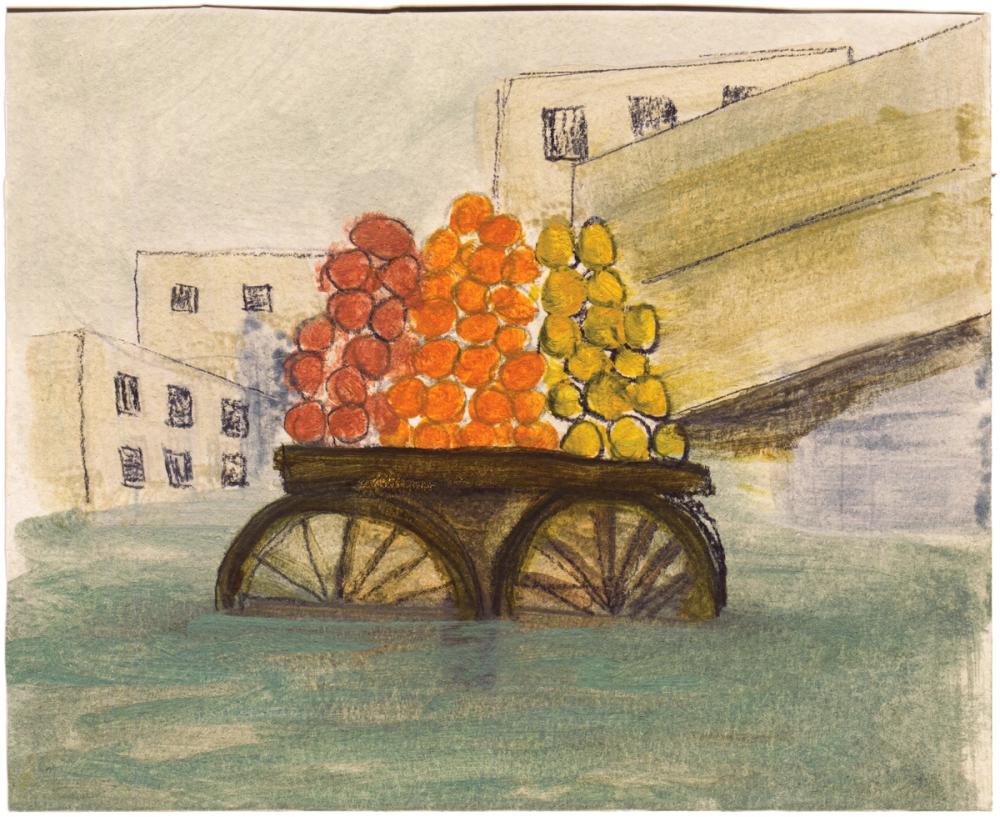Illustration of a fruit cart in a flood