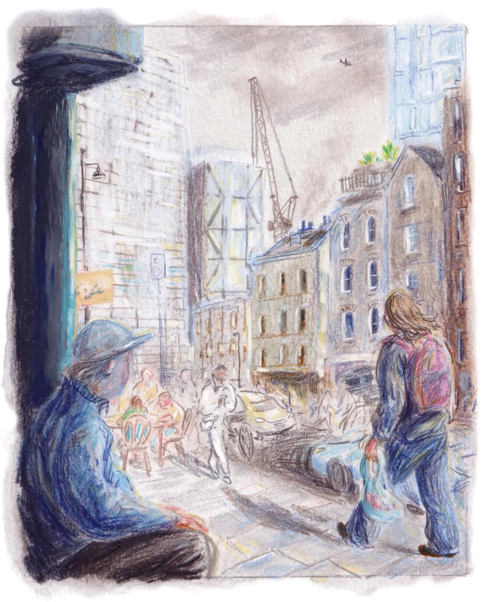 Illustration of a city street and building works