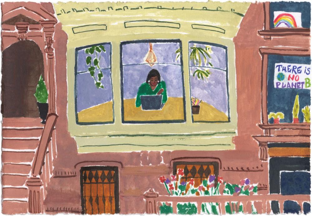 Illustration of climate activist posters in street windows