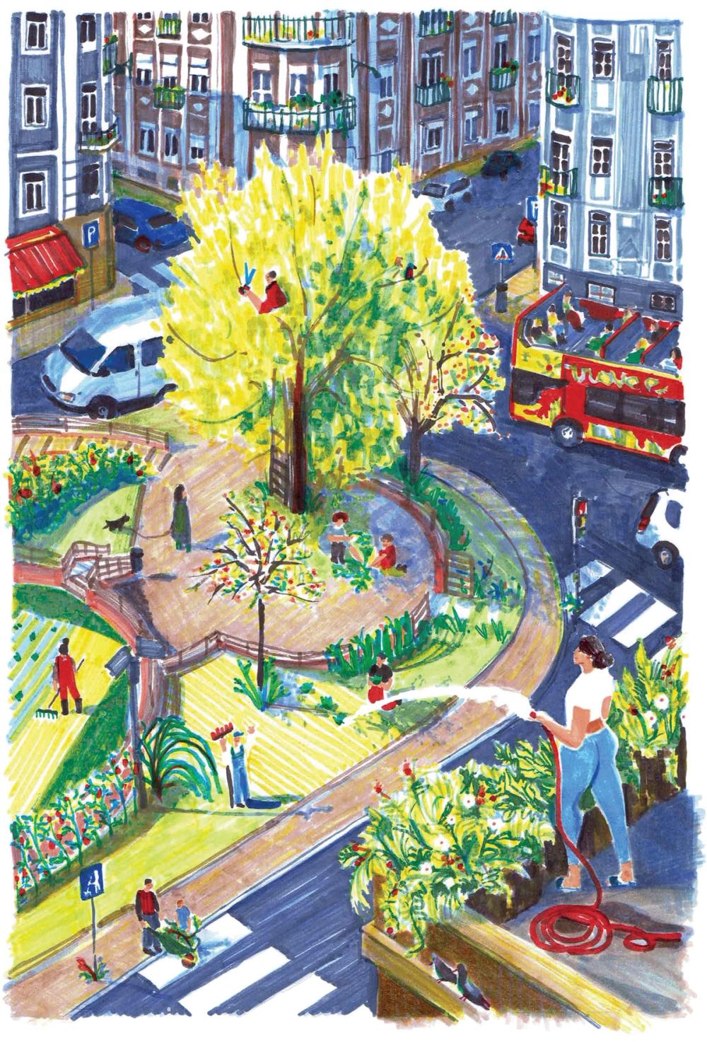 A city view, with a beautiful garden in the centre, being tended to by members of the community