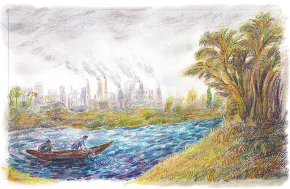 Illustration of a river with factories behind