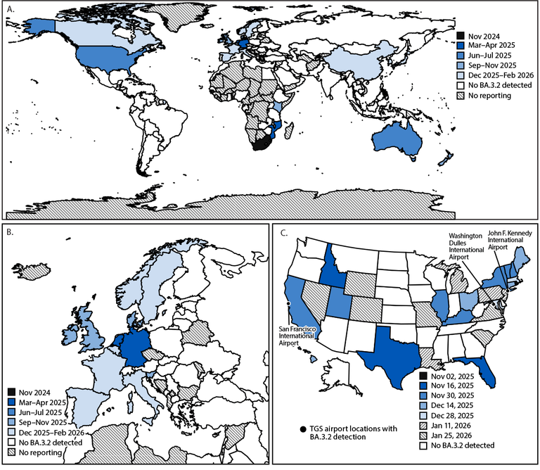 Early Detection and Surveillance of the SARS-CoV-2 Variant BA.3.2 — Worldwide, November 2024–February 2026