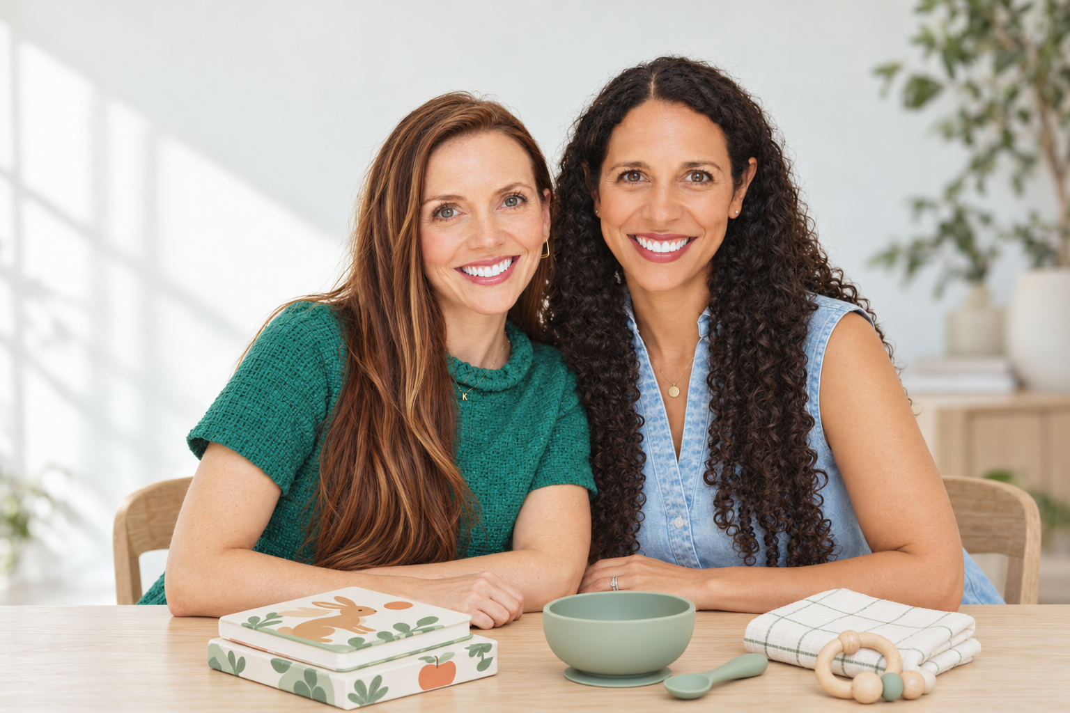 Ashley (left) and Chanel, the founders of Good & Growing Kids, smiling together at a kitchen table with a children's book and a sage silicone bowl.