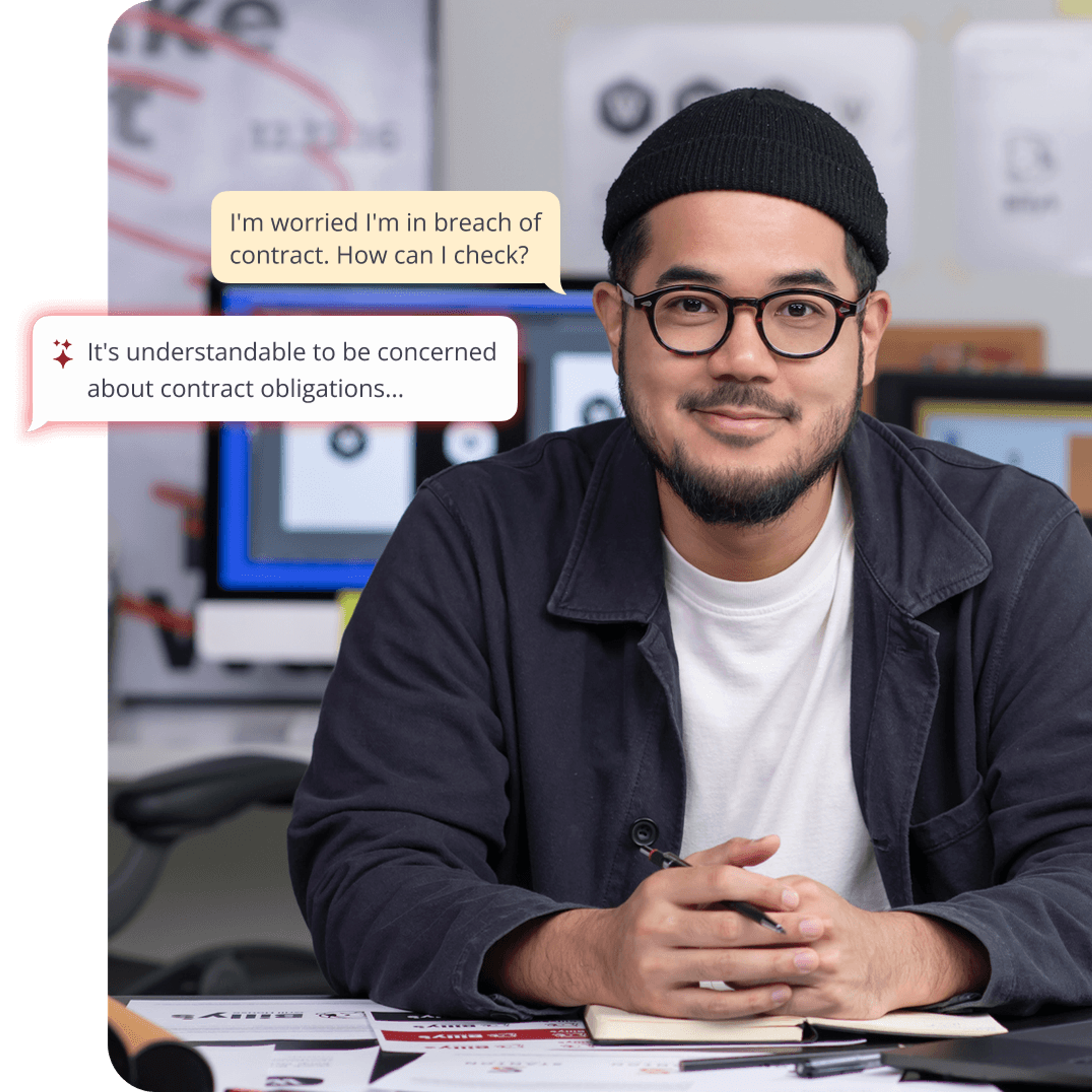 A man in a beanie and glasses smiles at a desk, with chat bubbles discussing contract breach concerns.