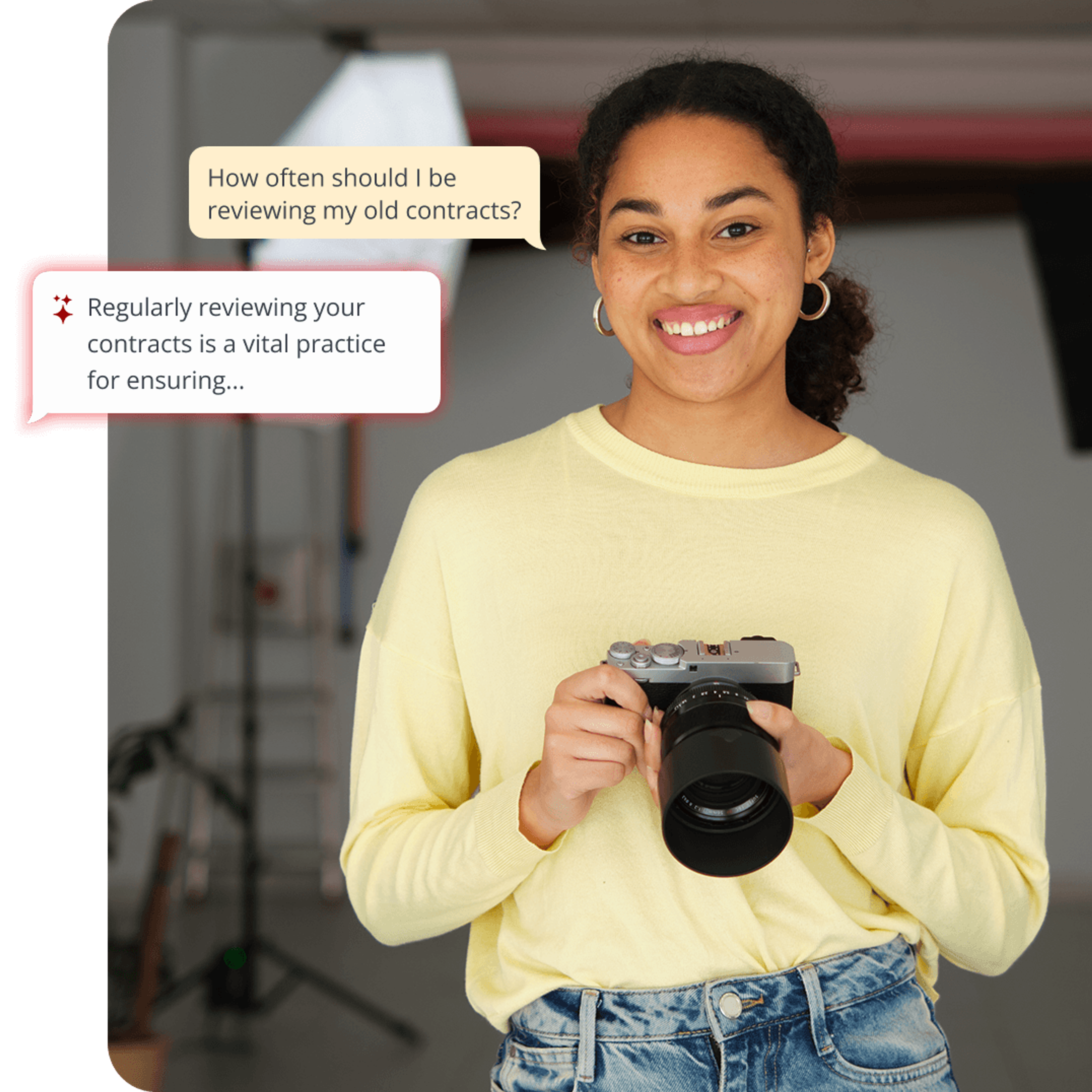 Smiling woman holding a camera, with speech bubbles about reviewing contracts.