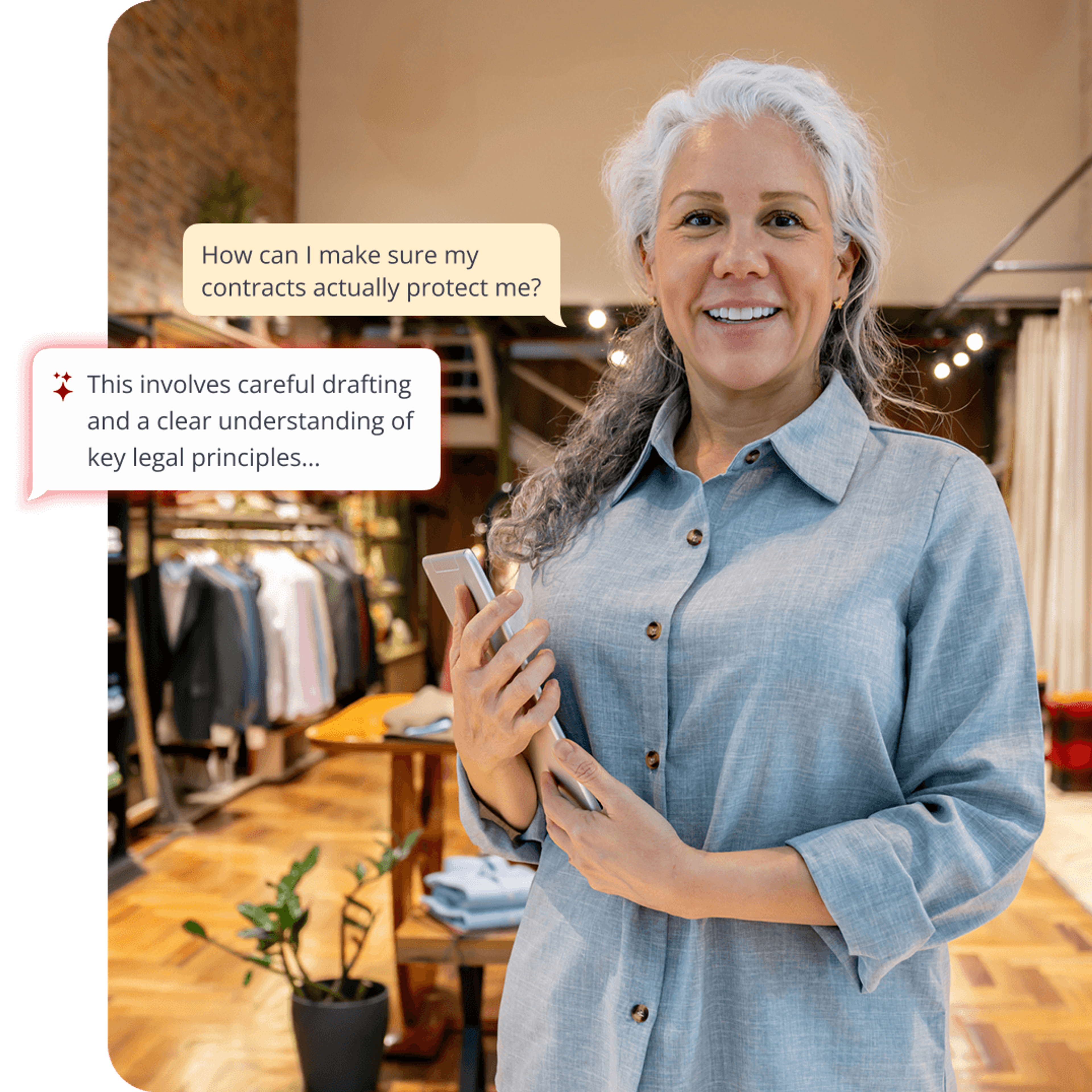 Smiling woman in a store holding a phone, with speech bubbles discussing legal contract protection.