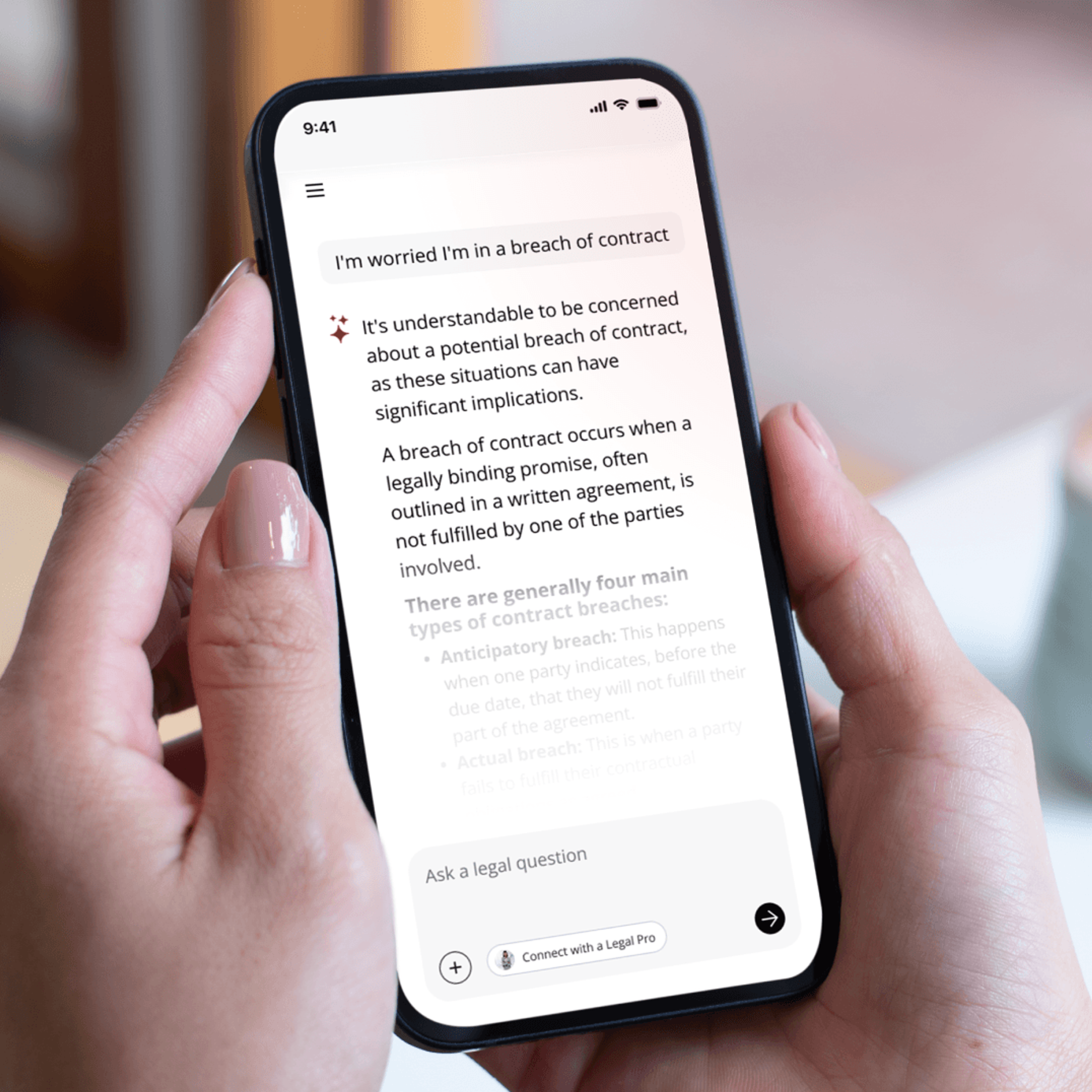 Hands holding a smartphone display an AI legal assistant chatbot discussing a breach of contract and offering to connect with a legal professional.