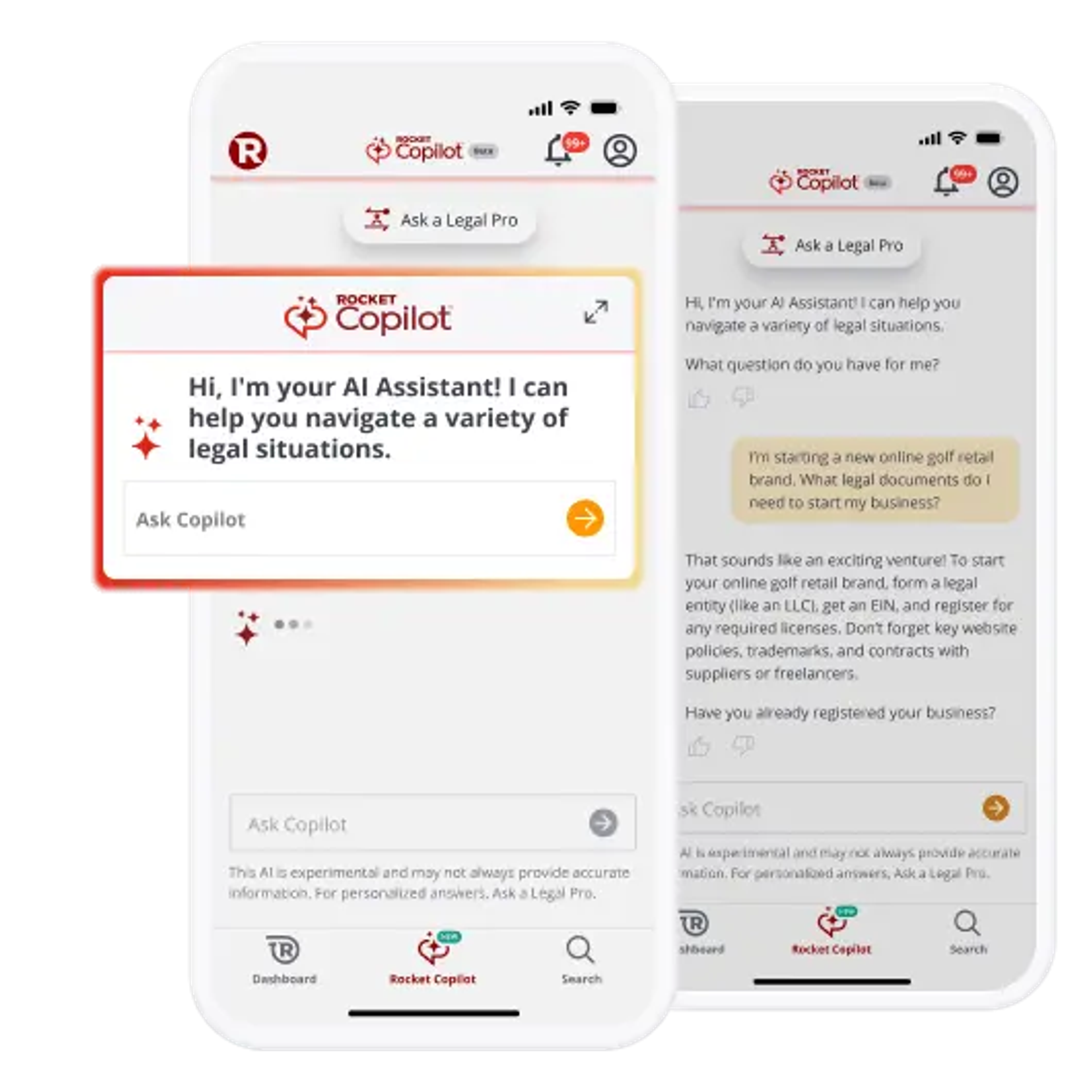 Two phone screens display the "Rocket Copilot" AI legal assistant app, showing an introduction and a conversation answering a user's business legal query.