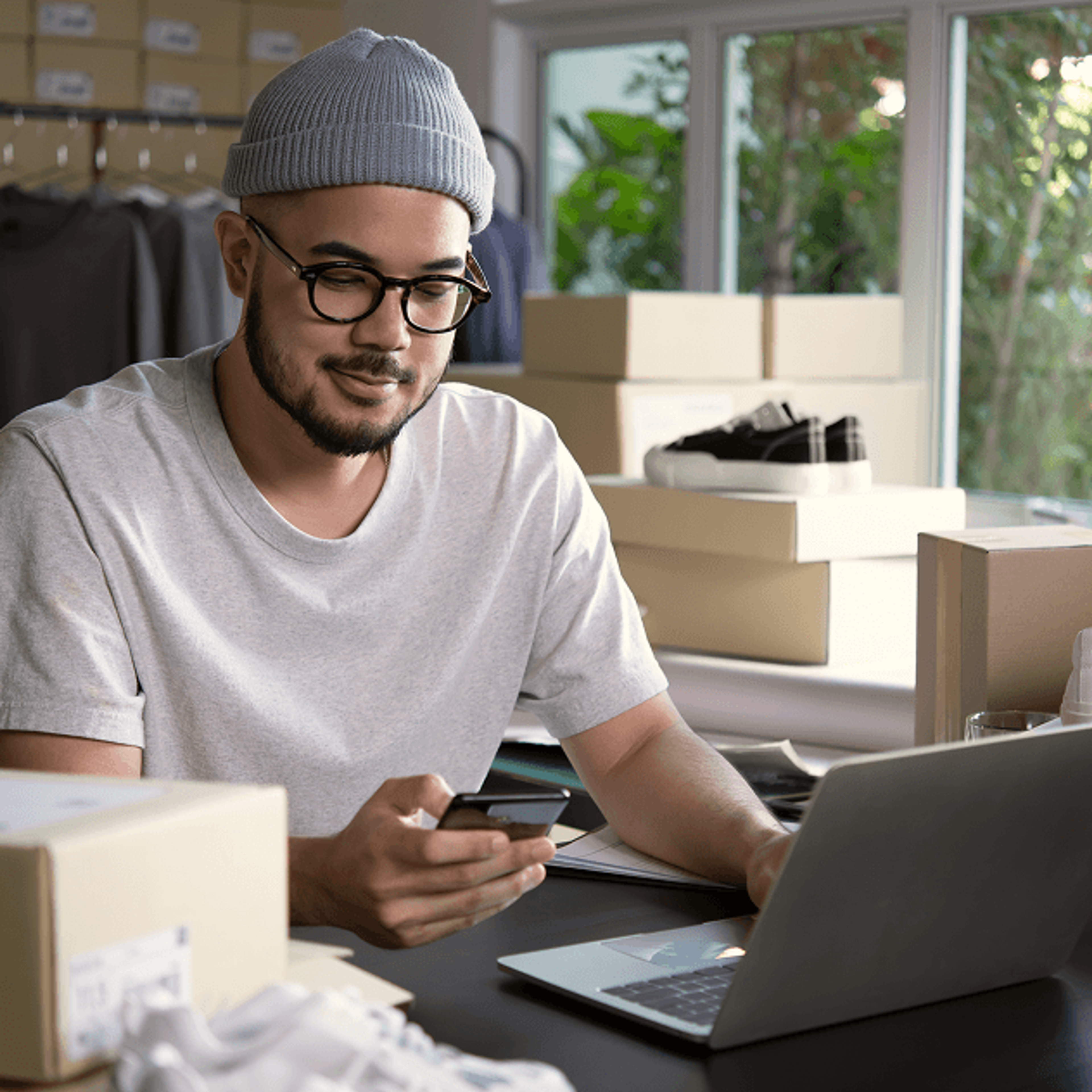 A smiling man in a beanie and glasses manages an online business using a phone and laptop, surrounded by shipping boxes and shoes.